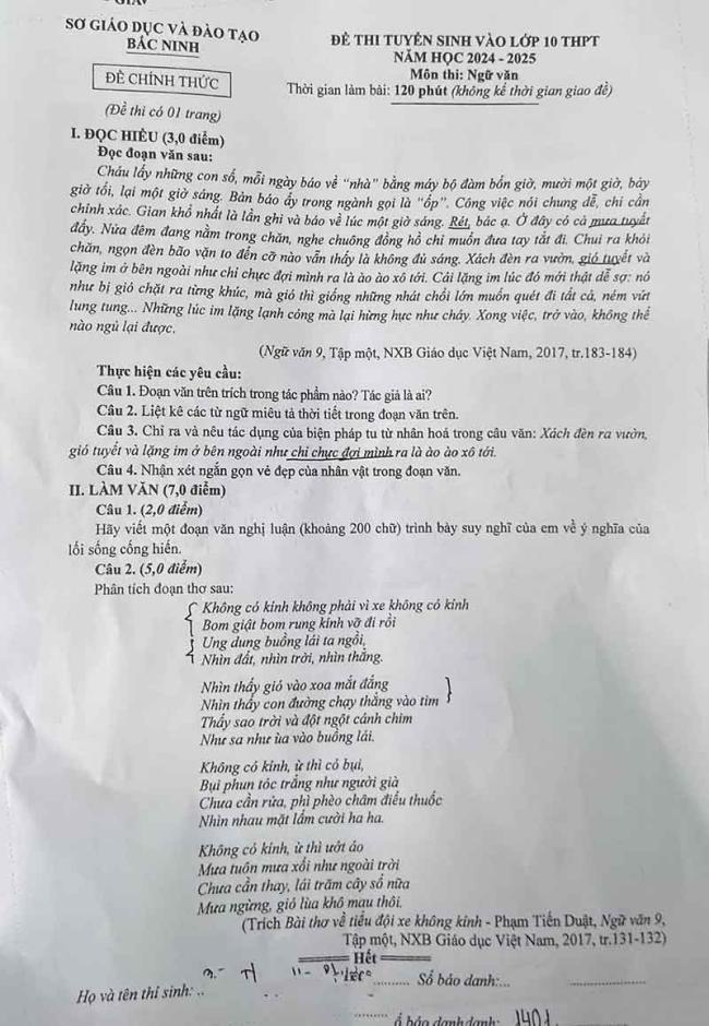 Đáp án đề thi vào lớp 10 môn Văn Bắc Ninh 2024 - 2025