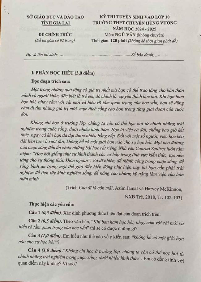 Đáp án đề thi vào 10 môn Văn Gia Lai 2024 - 2025 1