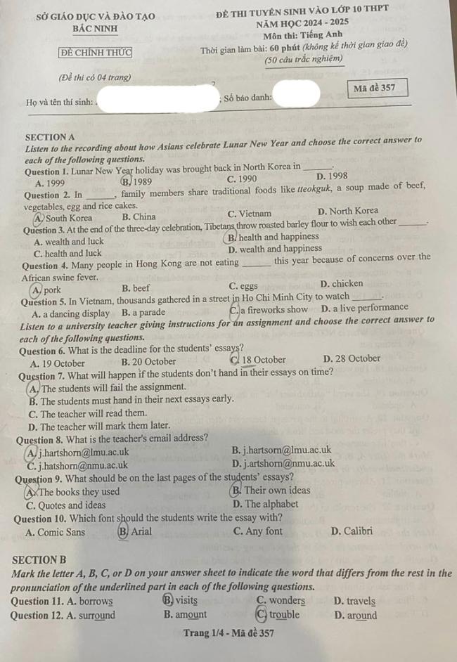 Đề thi tuyển sinh lớp 10 môn Anh Bắc Ninh 2024 mã 357 trang 1