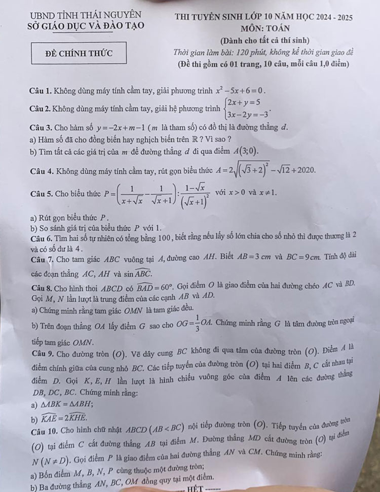 Đề thi vào lớp 10 môn toán tỉnh Thái Nguyên 2024