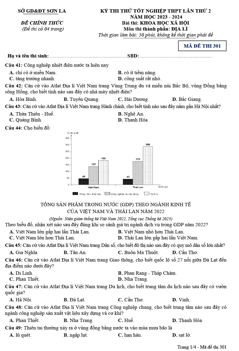 Đề thi thử tốt nghiệp môn địa 2024 Sơn La lần 2 trang 1