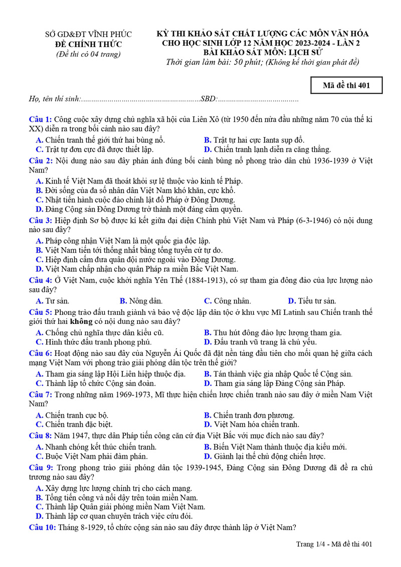 Đề thi thử tốt nghiệp môn sử 2024 Vĩnh Phúc lần 2 trang 1