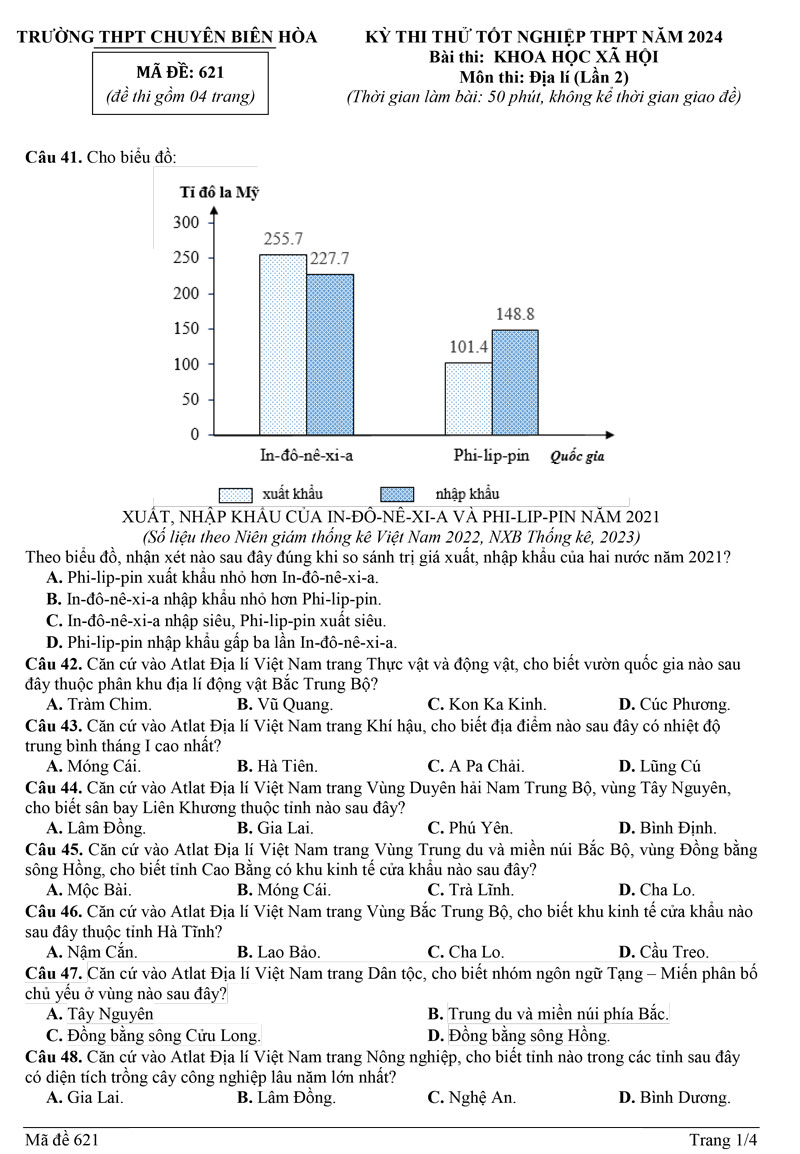 Đề thi thử tốt nghiệp môn địa 2024 chuyên Biên Hòa (lần 2) trang 1