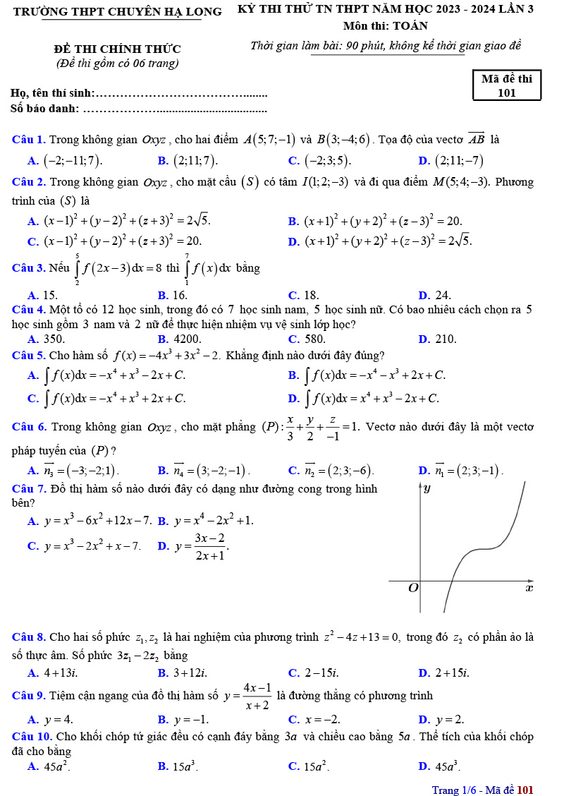 Đề thi thử tốt nghiệp môn toán 2024 chuyên Hạ Long lần 3 trang 1