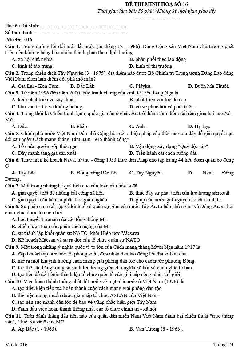 Đề thi thử tốt nghiệp THPT môn Sử 2024 mẫu số 16 trang 1