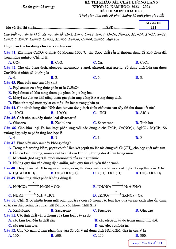 Đề thi thử môn hóa 2024 của THPT Đội Cấn lần thi thử thứ 5 ảnh 1
