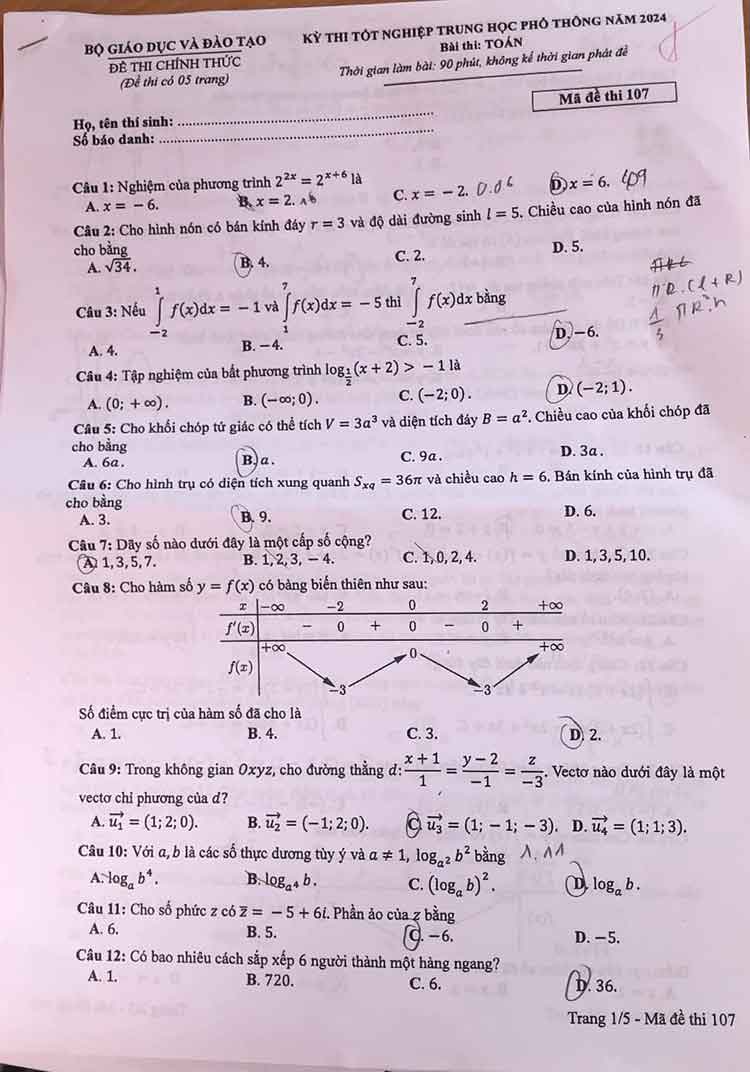 Giải chi tiết mã đề 107 Toán 2024 kỳ thi tốt nghiệp THPT 1