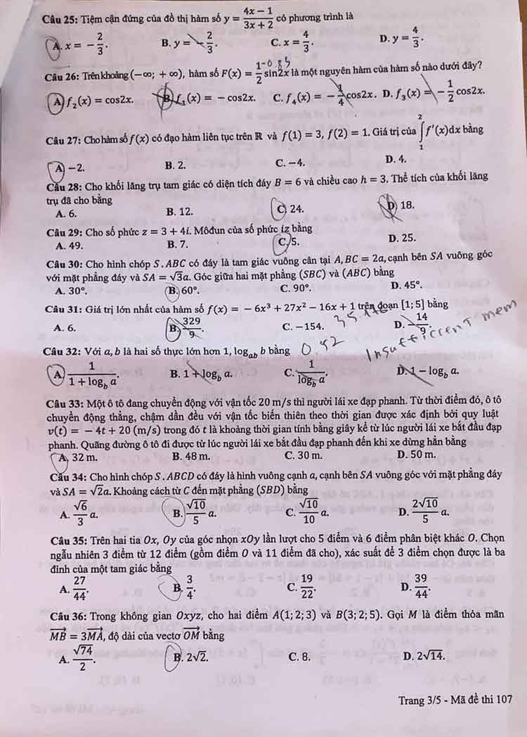 Giải chi tiết mã đề 107 Toán 2024 kỳ thi tốt nghiệp THPT 3