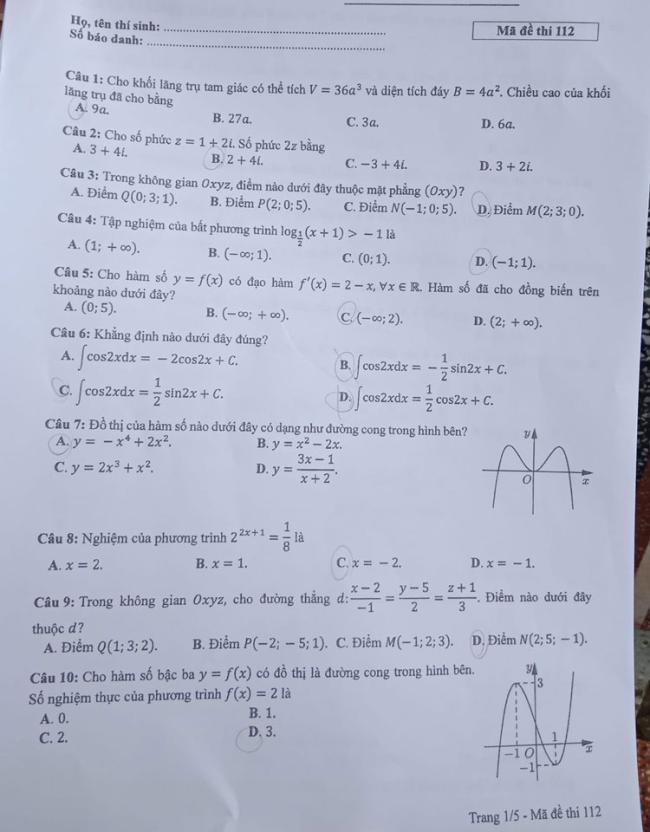 mã đề 112 Toán 2024 trang 1