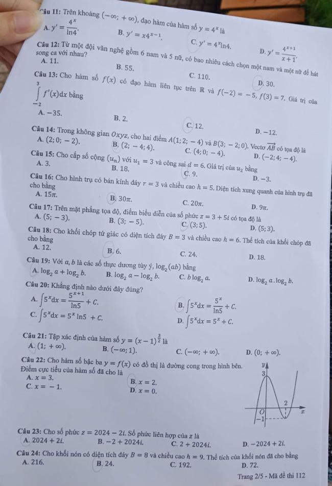 mã đề 112 Toán 2024 trang 2