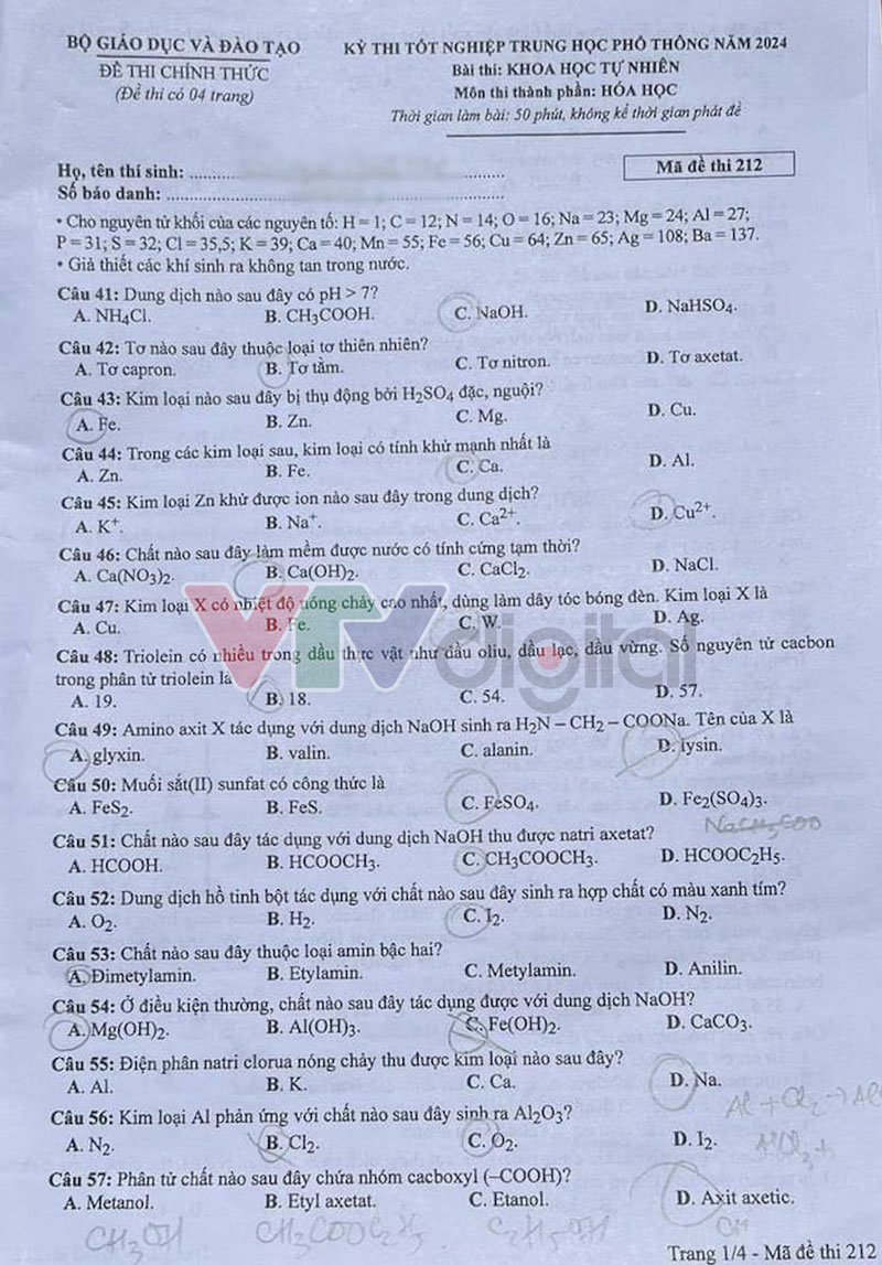 Đề thi tốt nghiệp THPT môn Hóa mã 212 trang 1