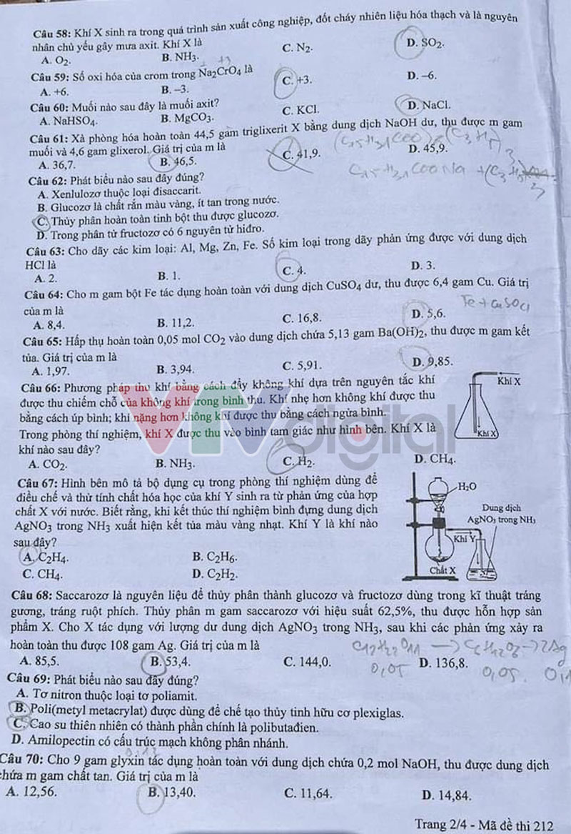 Đề thi tốt nghiệp THPT môn Hóa mã 212 trang 2