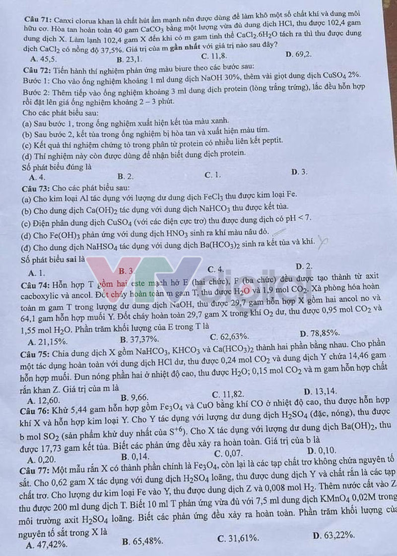 Đề thi tốt nghiệp THPT môn Hóa mã 212 trang 3