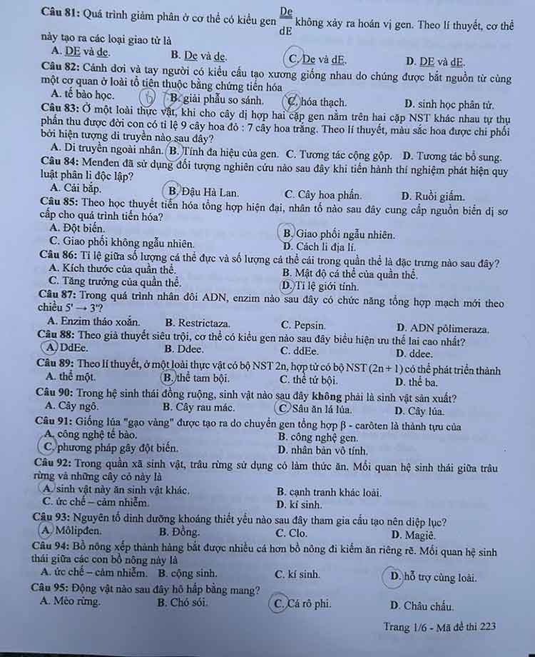 Đáp án Sinh đề 223 năm 2024 1