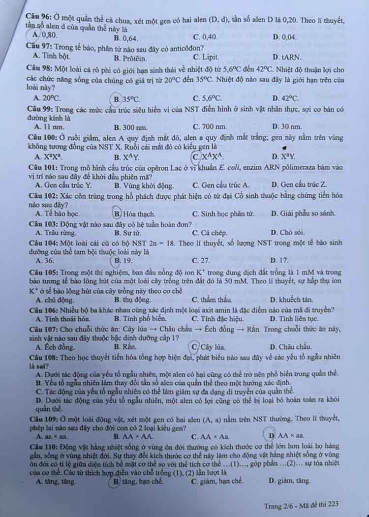 Đáp án Sinh đề 223 năm 2024 2