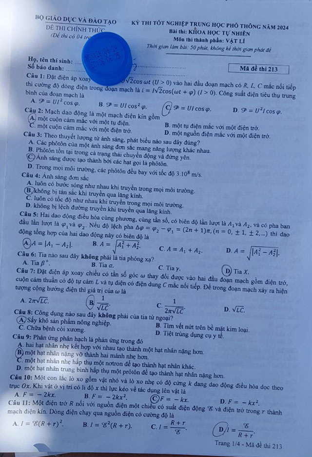 đề Lý 2024 mã 213 trang 1