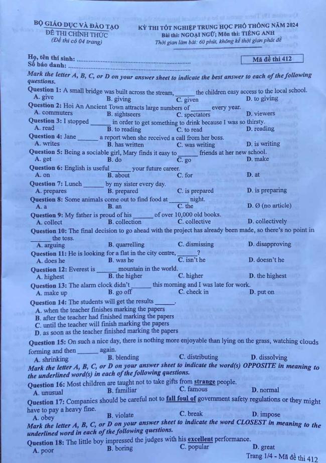 Trang 1 Đề thi tiếng Anh mã 412 năm 2024