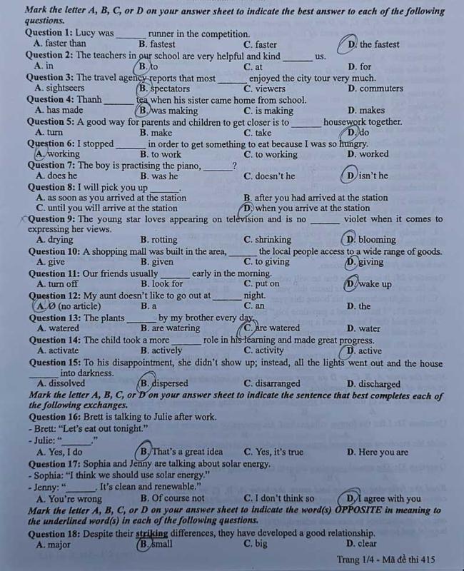 Trang 1 Đề thi tiếng Anh mã 415 năm 2024