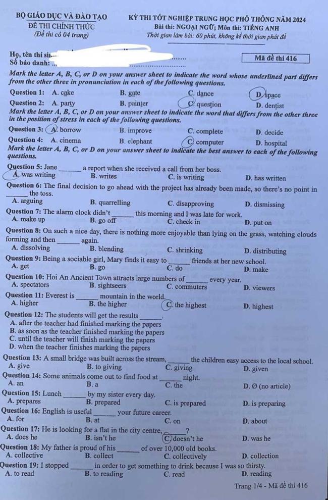 Trang 1 Đề thi tiếng Anh mã 416 năm 2024