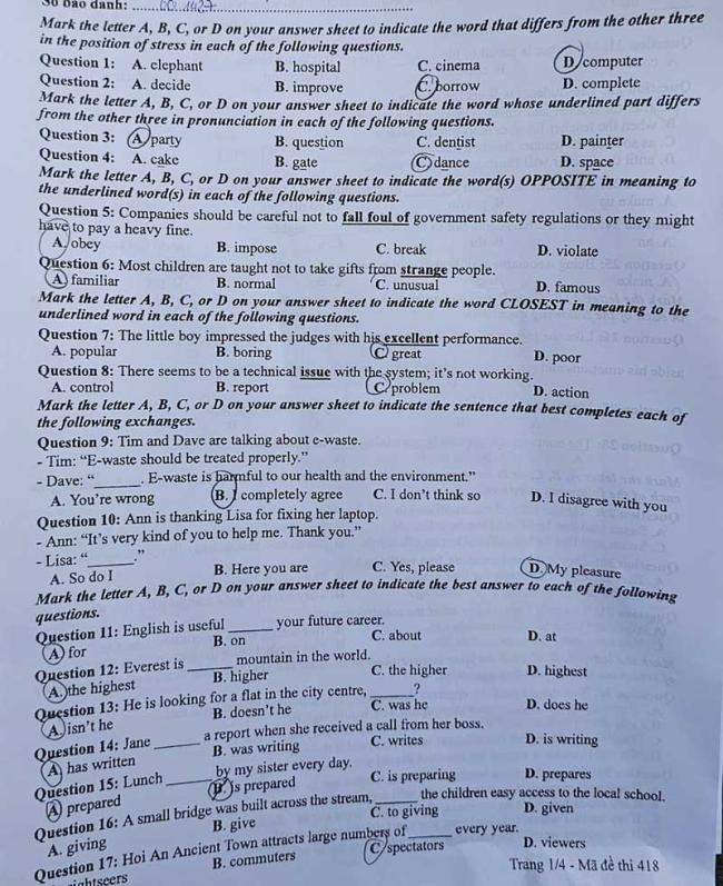 Trang 1 Đề thi tiếng Anh mã 418 năm 2024