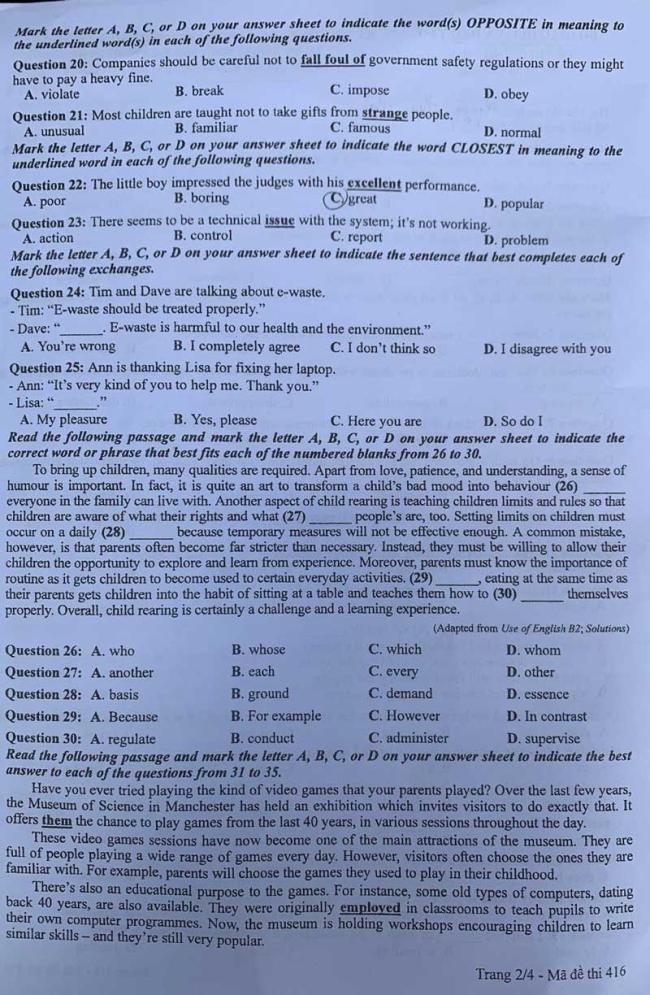 Trang 2 Đề thi tiếng Anh mã 416 năm 2024