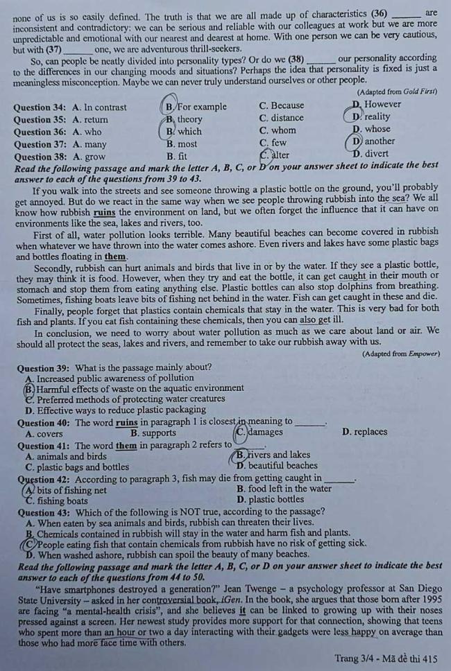 Trang 3 Đề thi tiếng Anh mã 415 năm 2024