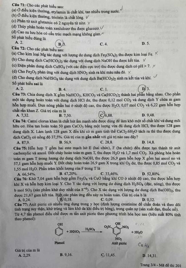 Trang 3 Đề thi Hóa 2024 mã 201
