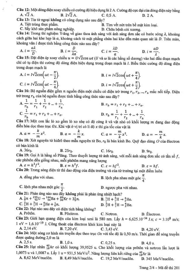 đề Lý 2024 mã 201 trang 2