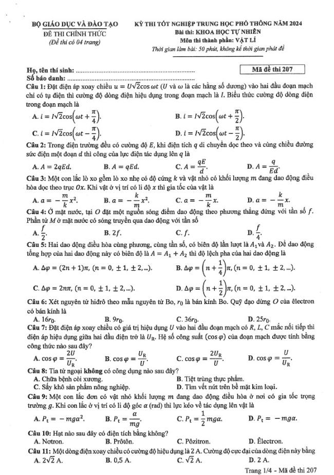 đề Lý 2024 mã 207 trang 1