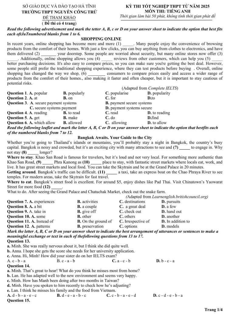 Đề thi thử tốt nghiệp môn Anh 2025 THPT Nguyễn Công Trứ ảnh 1