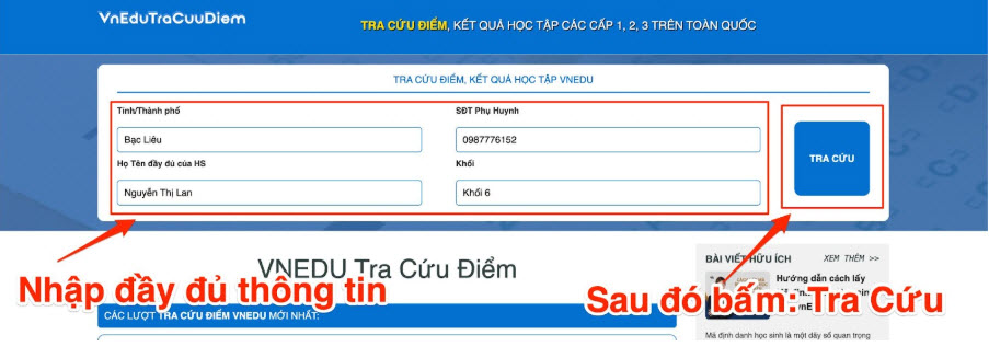 Các bước đơn giản để tra cứu điểm số