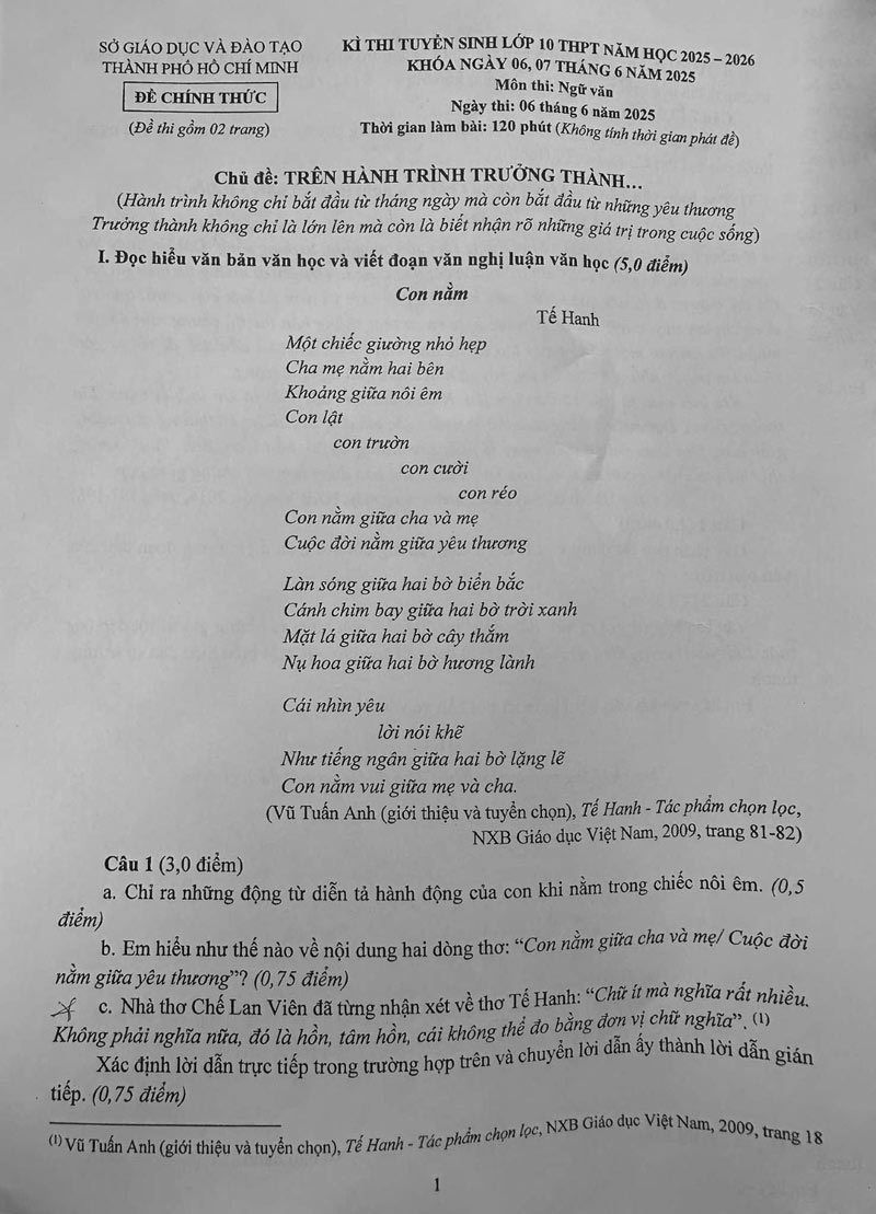 Đề thi môn Ngữ văn vào lớp 10 tại TPHCM 2025