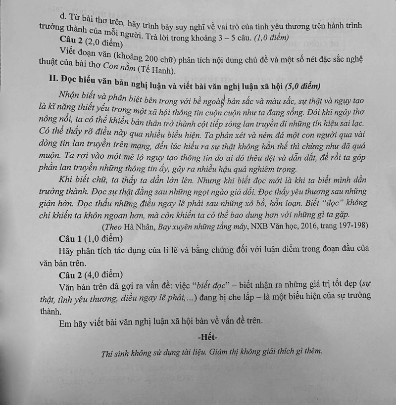Đề thi môn Ngữ văn vào lớp 10 tại TPHCM 2025