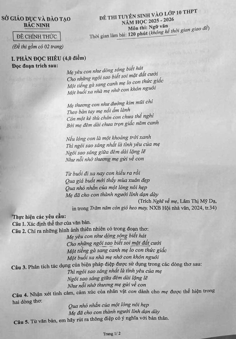 Đề thi môn Văn vào lớp 10 Bắc Ninh năm 2025 ảnh 1