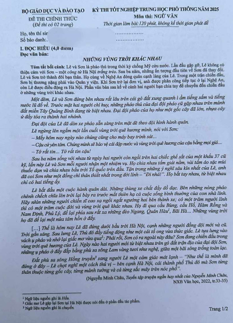 Đáp án đề thi văn THPT quốc gia 2025