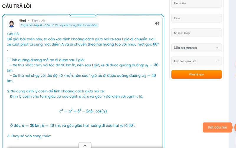 Giao diện FQA hiển thị lời giải chi tiết cho bài tập Toán chỉ sau vài giây.