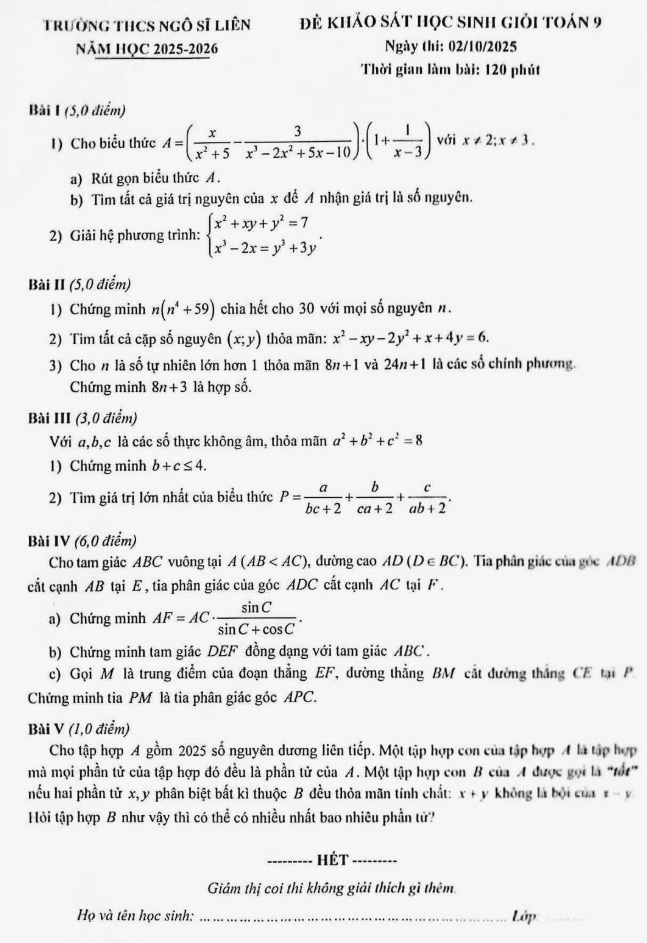 Đề khảo sát học sinh giỏi Toán 9 THCS Ngô Sĩ Liên
