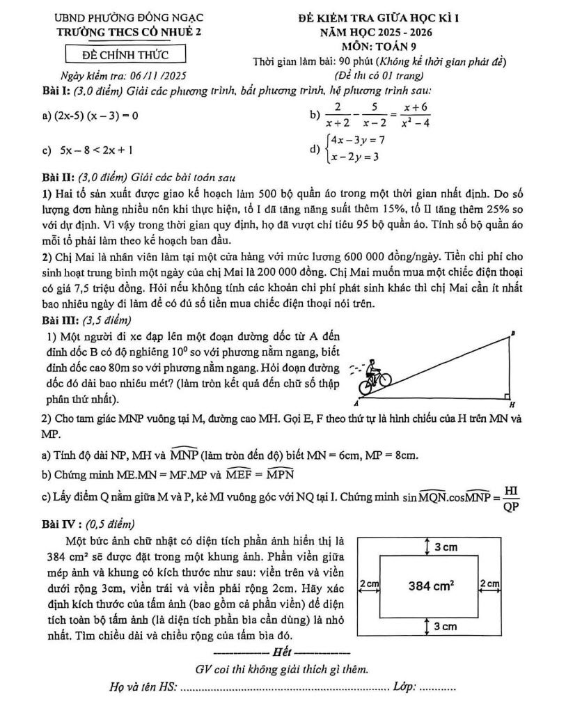Đề thi giữa học kì 1 THCS Cổ Nhuế 2 môn Toán 9 năm 2025