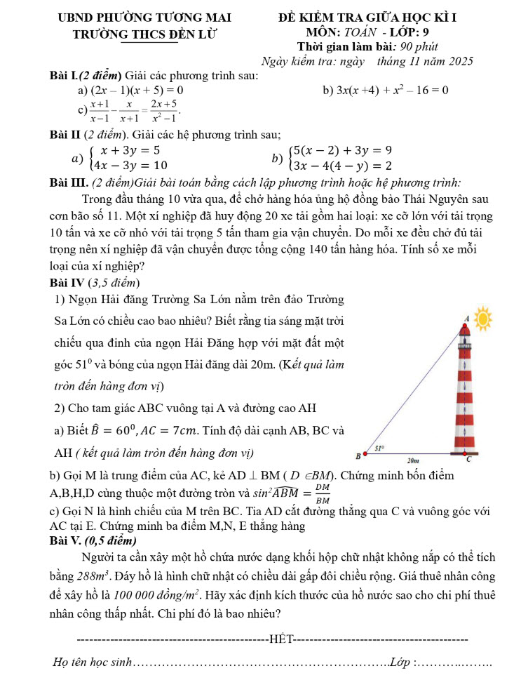 Đề thi giữa học kì 1 môn Toán 9 trường THCS Đền Lừ 2025 - 2026