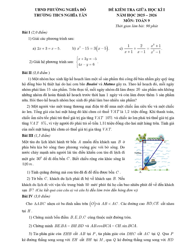 Đề thi giữa học kì 1 THCS Nghĩa Tân môn Toán 9 năm 2025 trang 1