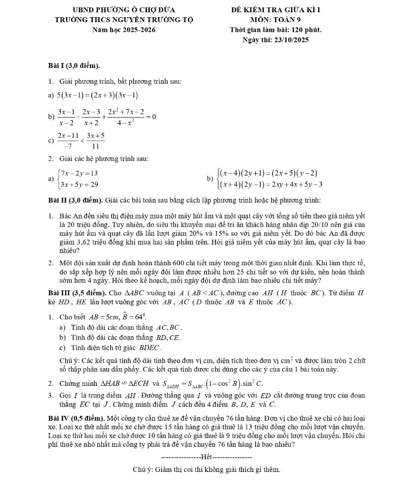 Đề thi giữa học kì 1 môn Toán lớp 9 THCS Nguyễn Trường Tộ 2025/2026