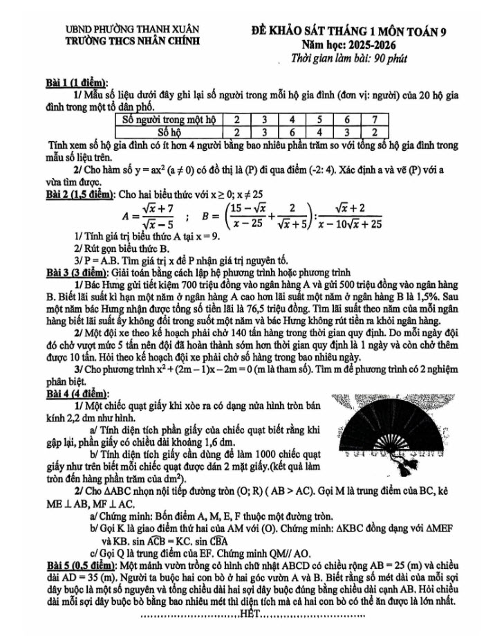 Đề khảo sát tháng 1 toán 9 THCS Trung Hòa Nhân Chính 2026