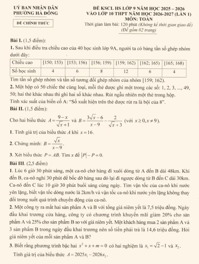 Đáp án khảo sát vào 10 lần 1 Hà Đông 2025 - 2026 ảnh đề