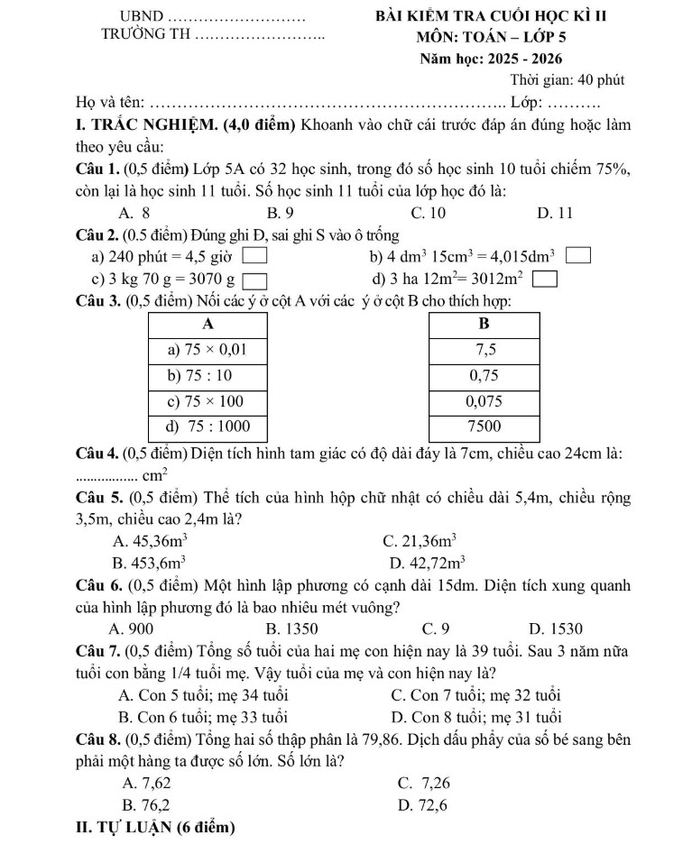 Đề thi cuối kỳ 2 môn Toán lớp 5 mẫu số 2