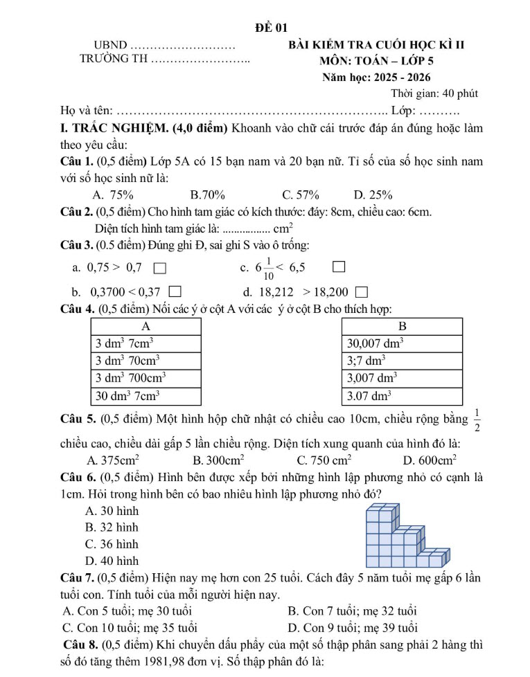 Đề thi cuối kỳ 2 môn Toán lớp 5 tham khảo mẫu 1