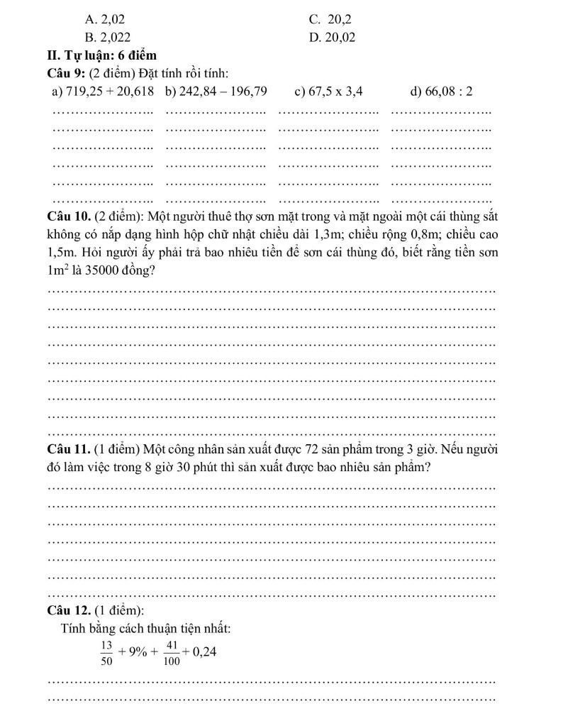 Đề thi cuối kỳ 2 môn Toán lớp 5 tham khảo mẫu 1